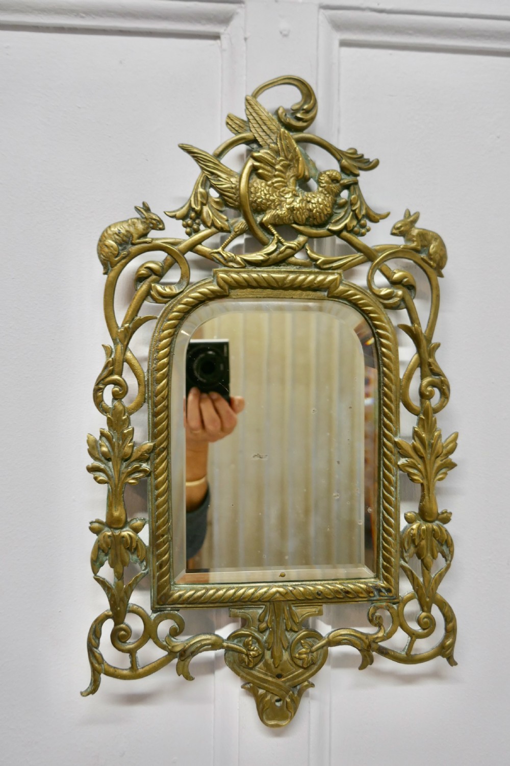 French Brass Wall Mirror Decorated with Birds and Rabbits
