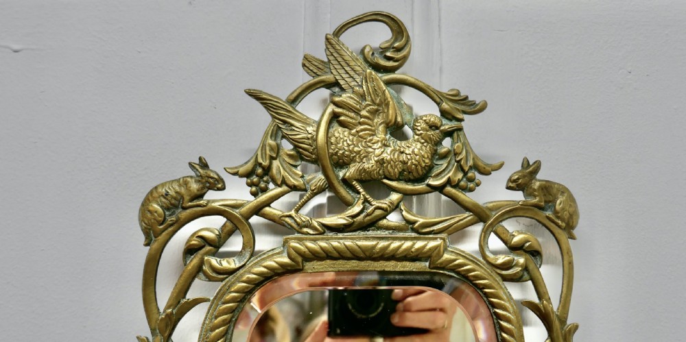French Brass Wall Mirror Decorated with Birds and Rabbits View II