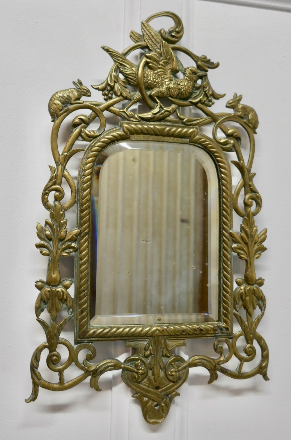 French Brass Wall Mirror Decorated with Birds and Rabbits View III