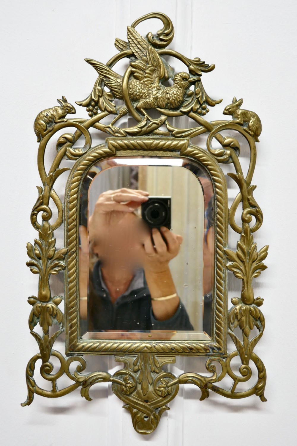 French Brass Wall Mirror Decorated with Birds and Rabbits View IV