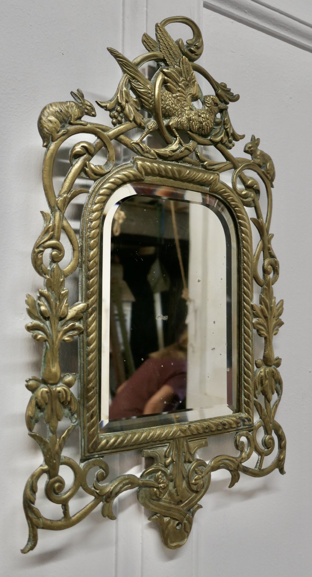 French Brass Wall Mirror Decorated with Birds and Rabbits View V