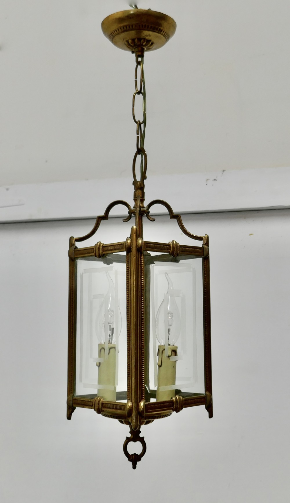 Superb Quality Art Deco French Brass and Etched Glass Lantern,  