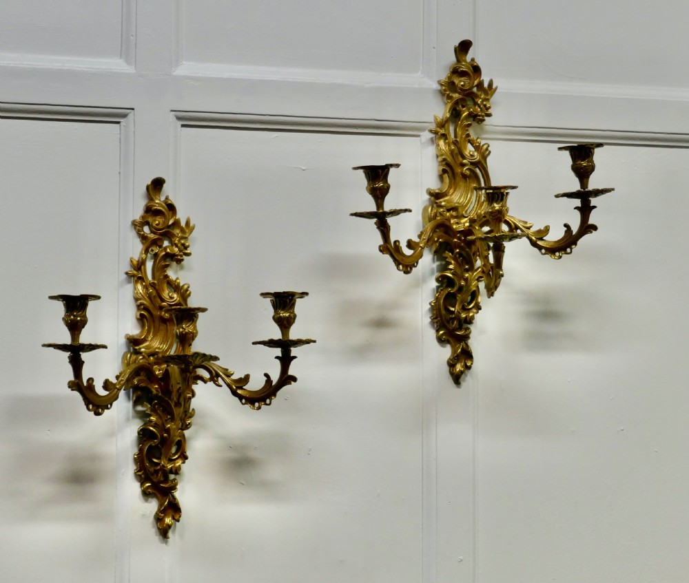 A Pair of Large 19th Century Baroque French Brass Triple Wall Sconces