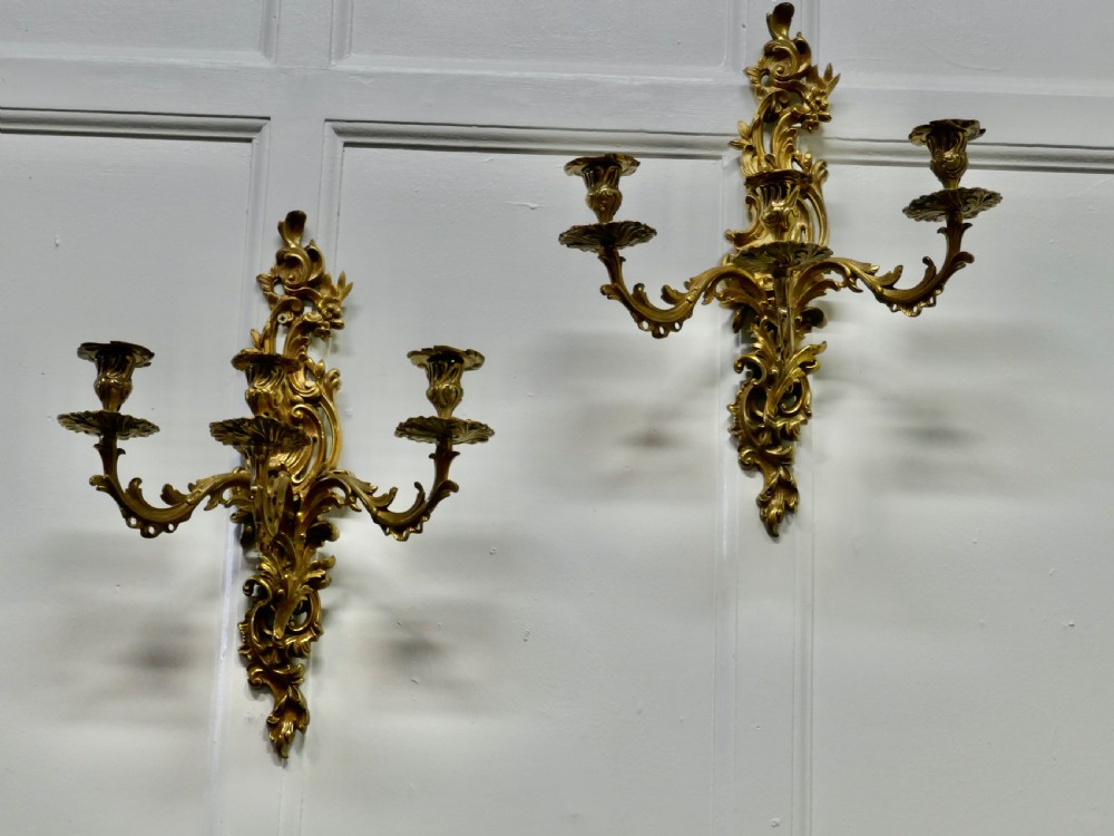 A Pair of Large 19th Century Baroque French Brass Triple Wall Sconces View IV