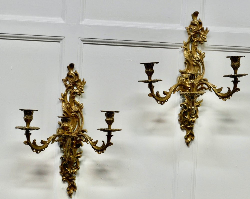 A Pair of Large 19th Century Baroque French Brass Triple Wall Sconces View V