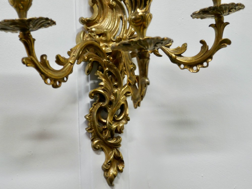 A Pair of Large 19th Century Baroque French Brass Triple Wall Sconces View VI