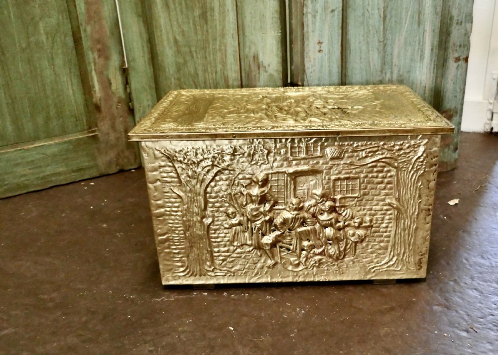 Embossed Brass Log or Coal Box  with Tavern Scenes 