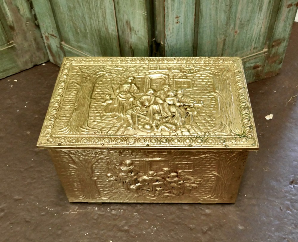 Embossed Brass Log or Coal Box  with Tavern Scenes  View II