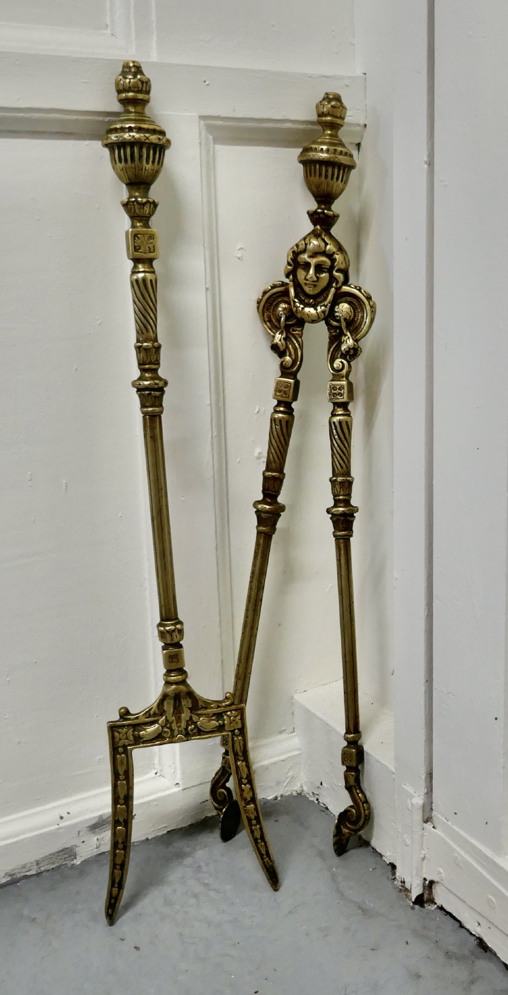 19th Century  Gothic Oversized Toasting Fireside Tongs and Fork , Fire Tools