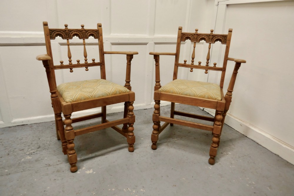 Pair of Arts and Crafts Gothic Bleached Oak Hall Chairs
