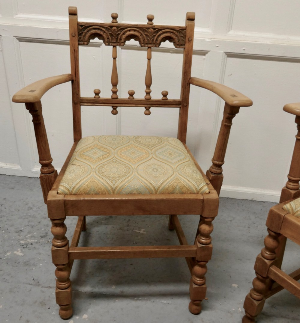 Pair of Arts and Crafts Gothic Bleached Oak Hall Chairs View III