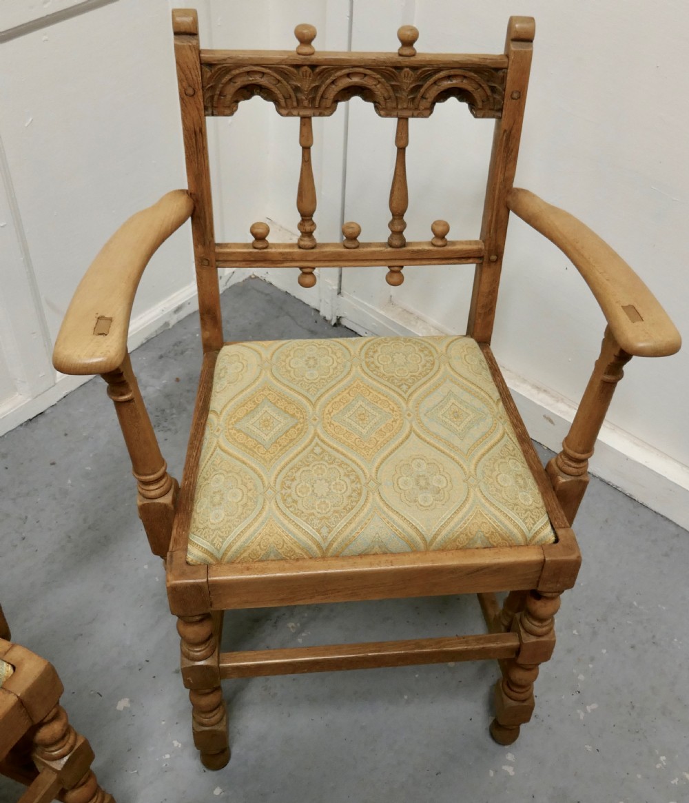 Pair of Arts and Crafts Gothic Bleached Oak Hall Chairs View IV