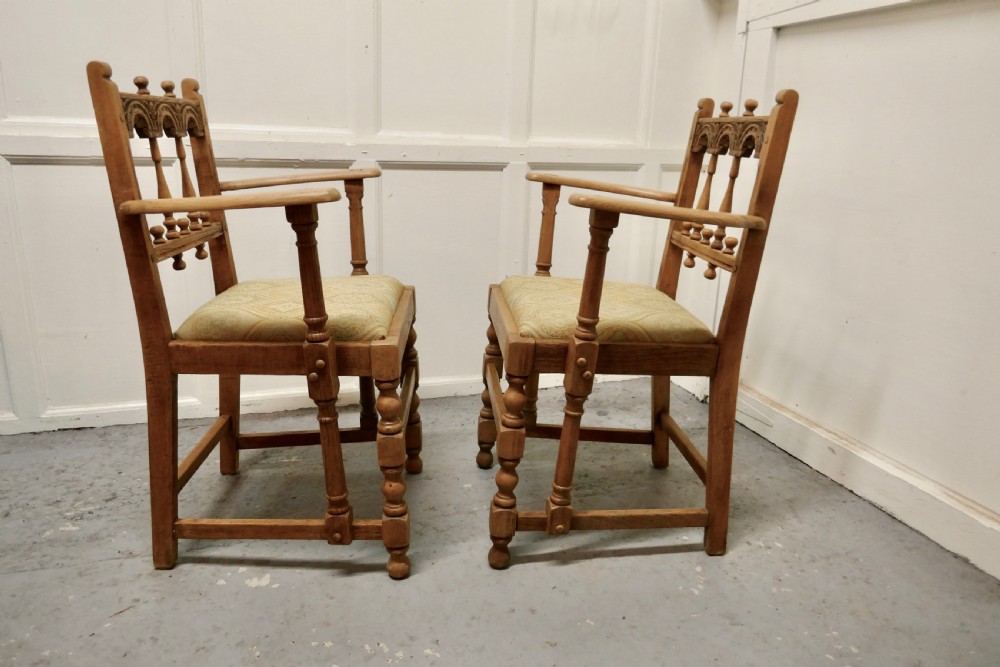 Pair of Arts and Crafts Gothic Bleached Oak Hall Chairs View V