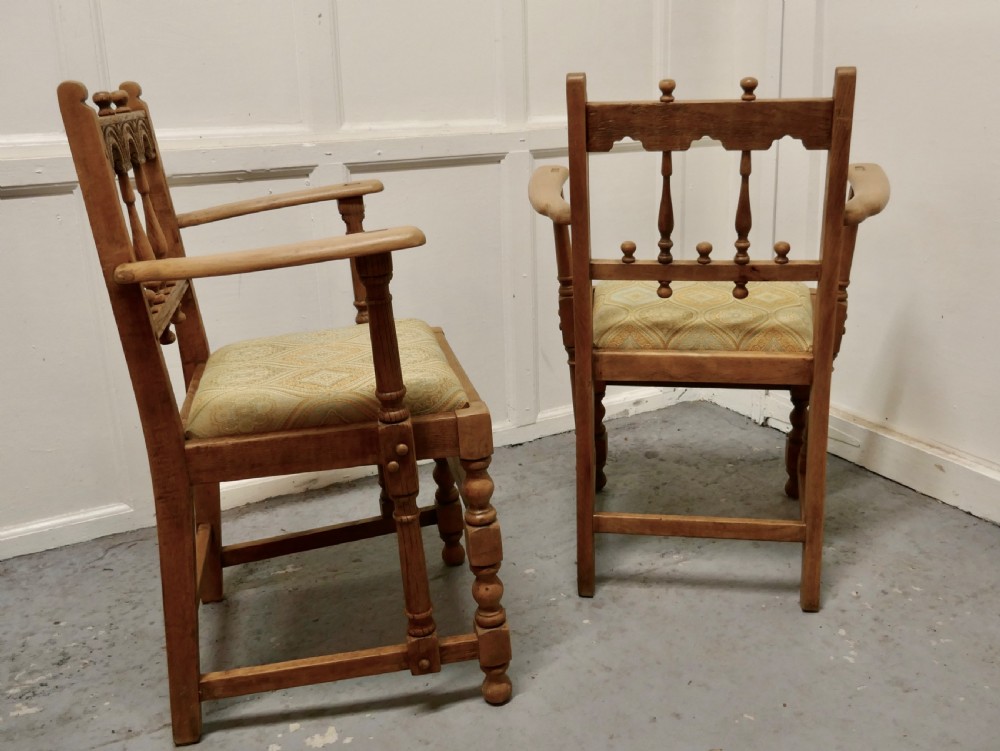 Pair of Arts and Crafts Gothic Bleached Oak Hall Chairs View VI