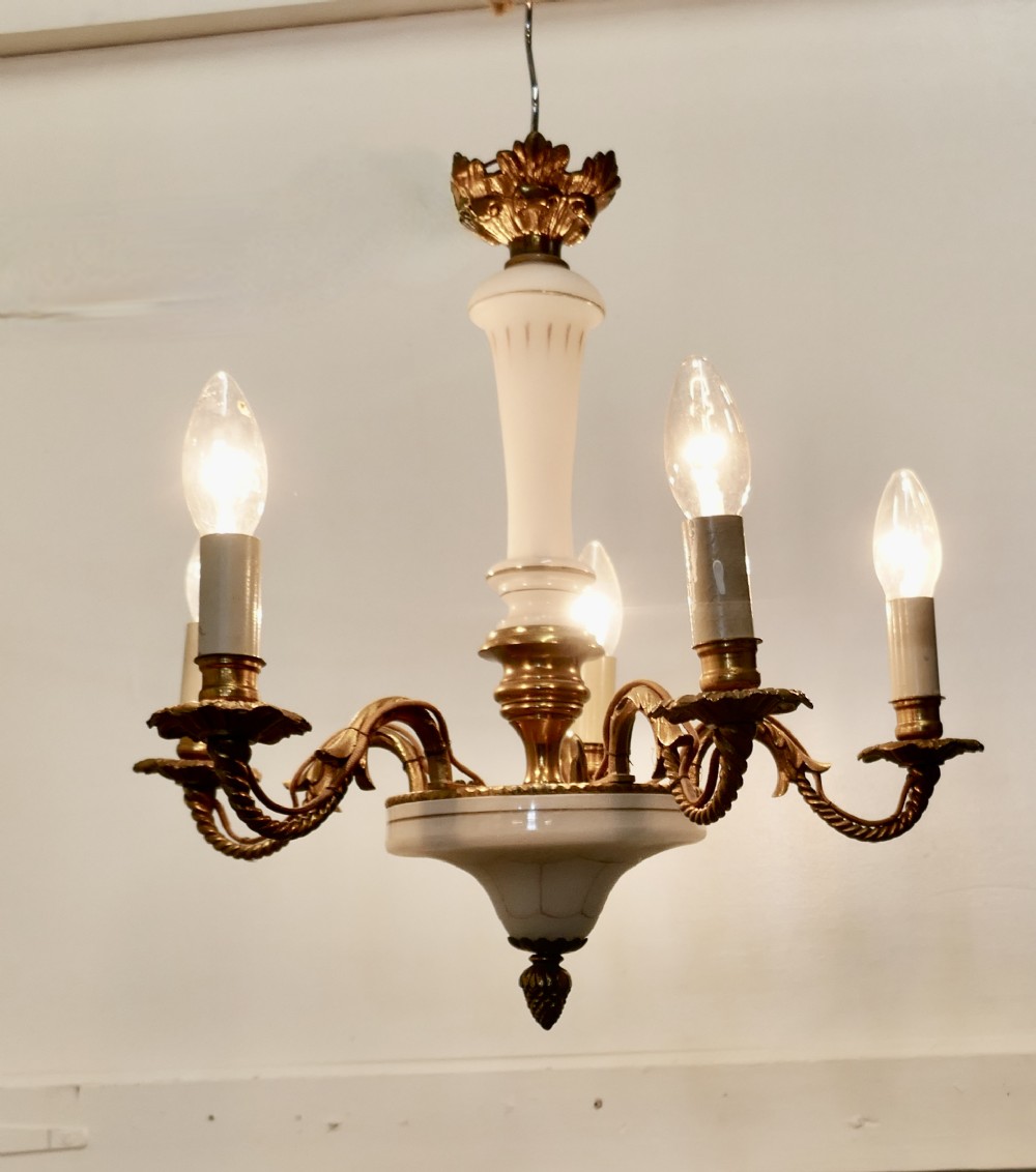 A Charming Opaline Glass and Ormolu 5 Branch Chandelier