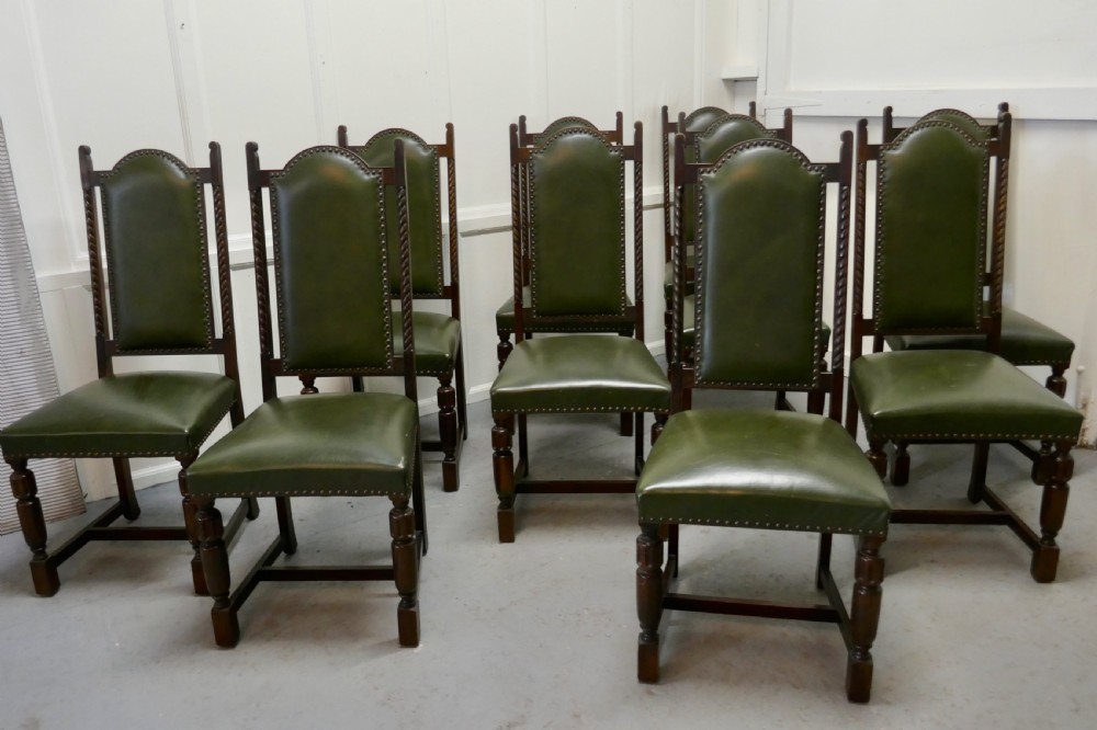 Set of 10 Arts and Crafts Oak and Leather Dining Chairs  