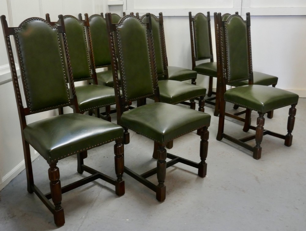 Set of 10 Arts and Crafts Oak and Leather Dining Chairs   View II