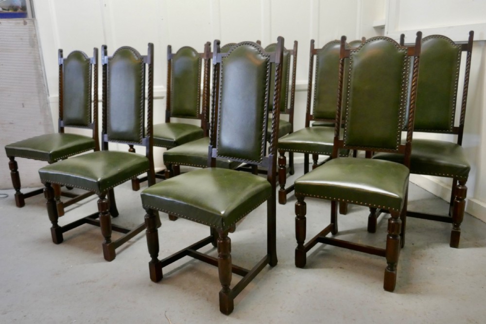Set of 10 Arts and Crafts Oak and Leather Dining Chairs   View III