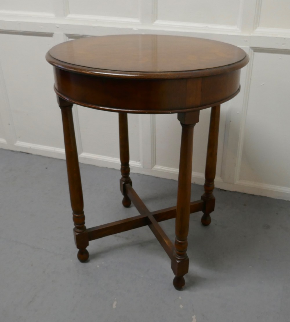 Round Oak Occasional Table, with X Stretcher View V