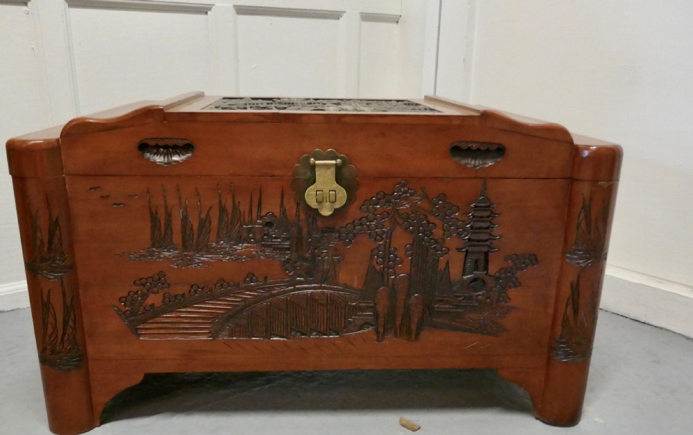 Art Deco Oriental Carved Camphor Wood Chest