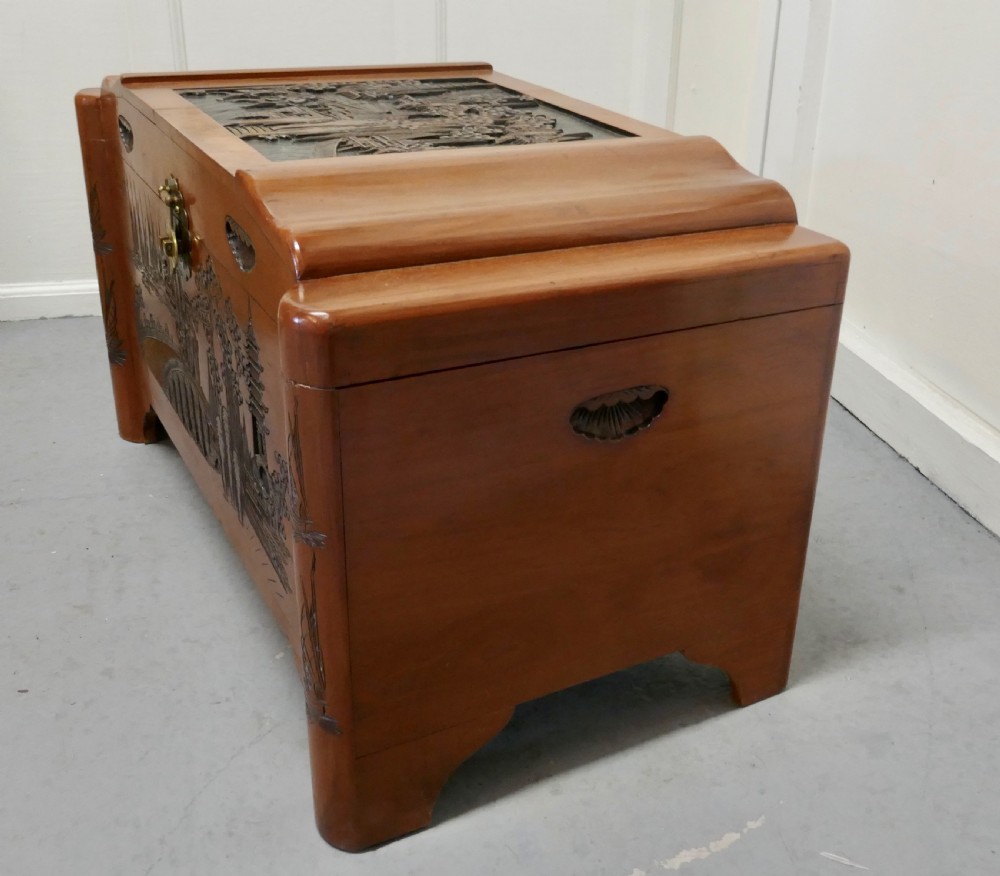 Art Deco Oriental Carved Camphor Wood Chest View IV