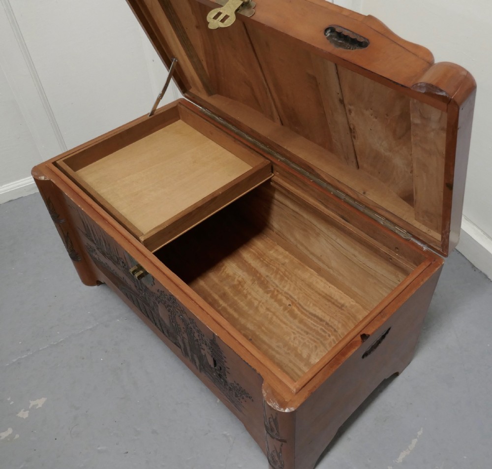 Art Deco Oriental Carved Camphor Wood Chest View V