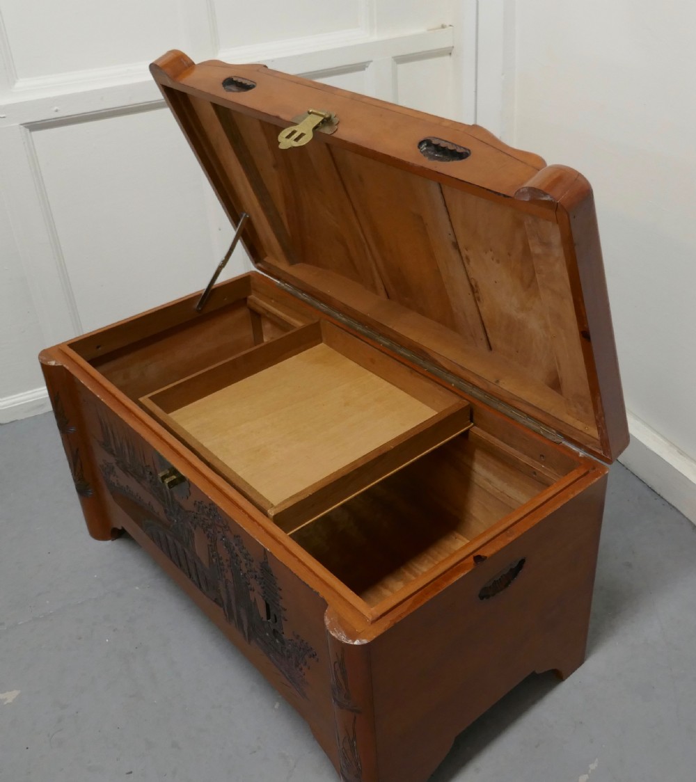 Art Deco Oriental Carved Camphor Wood Chest View VI