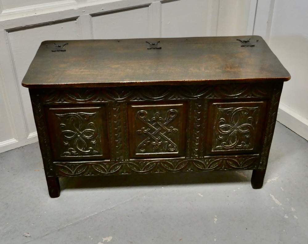 Arts and Crafts Gothic Carved Oak Coffer View II