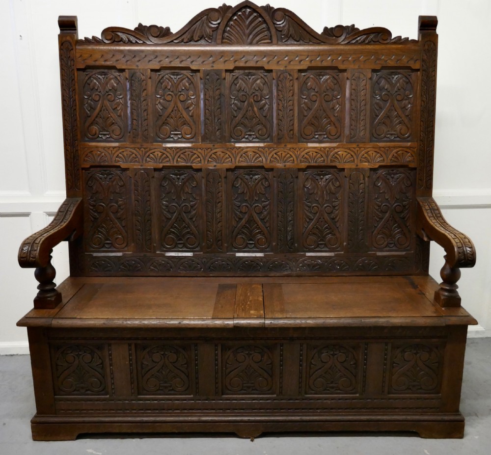 Early 19th Century Welsh High Back Carved Oak Box Settle