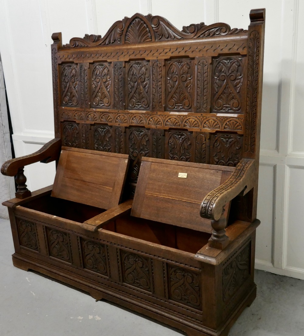 Early 19th Century Welsh High Back Carved Oak Box Settle View III