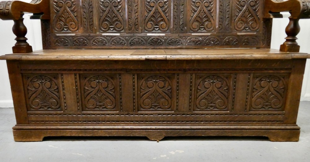 Early 19th Century Welsh High Back Carved Oak Box Settle View V