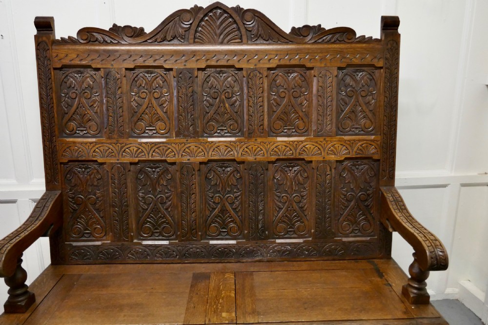 Early 19th Century Welsh High Back Carved Oak Box Settle View VI