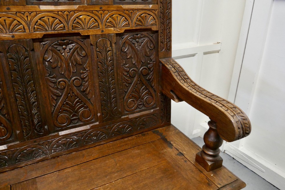 Early 19th Century Welsh High Back Carved Oak Box Settle View VII