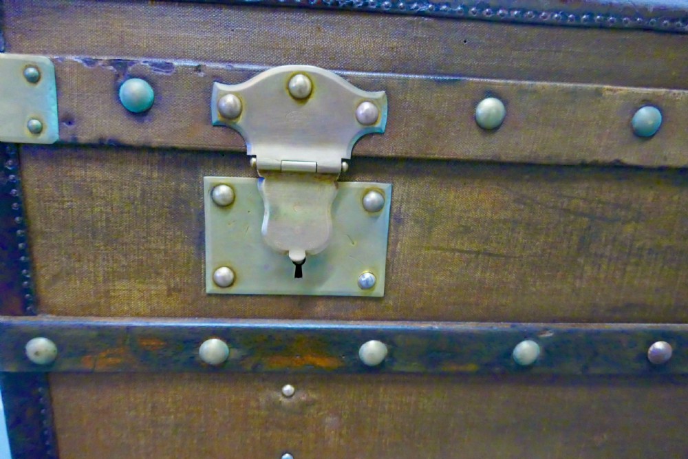 Large Tan Canvas, Wood, Leather and Brass Bound Steamer Trunk,  View III