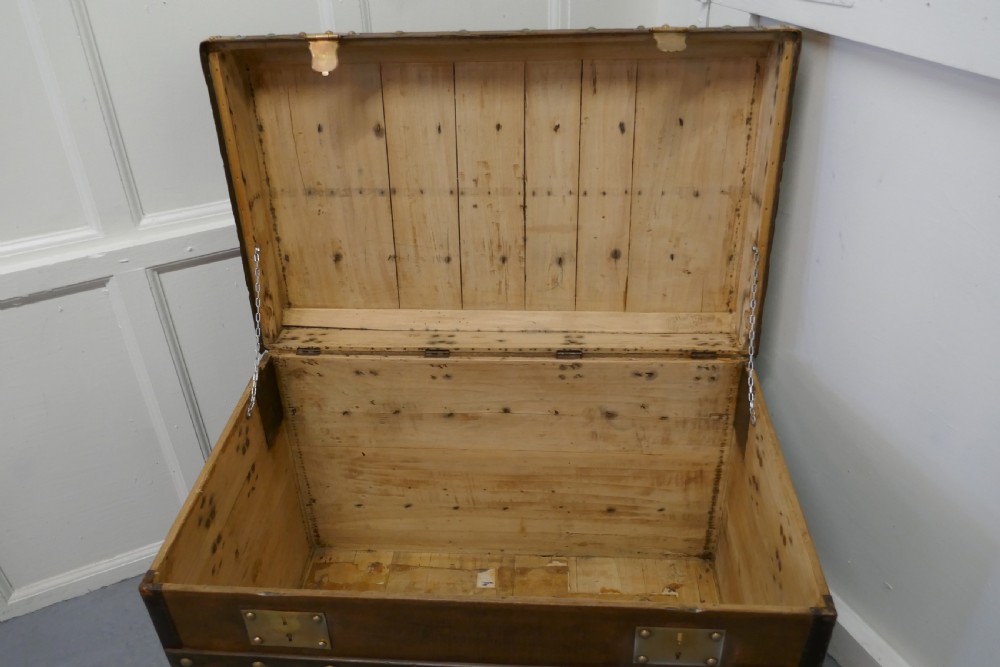 Large Tan Canvas, Wood, Leather and Brass Bound Steamer Trunk,  View V