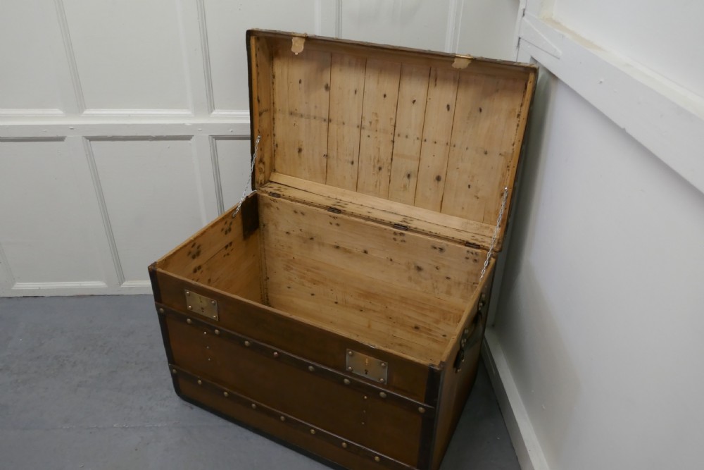 Large Tan Canvas, Wood, Leather and Brass Bound Steamer Trunk,  View VI