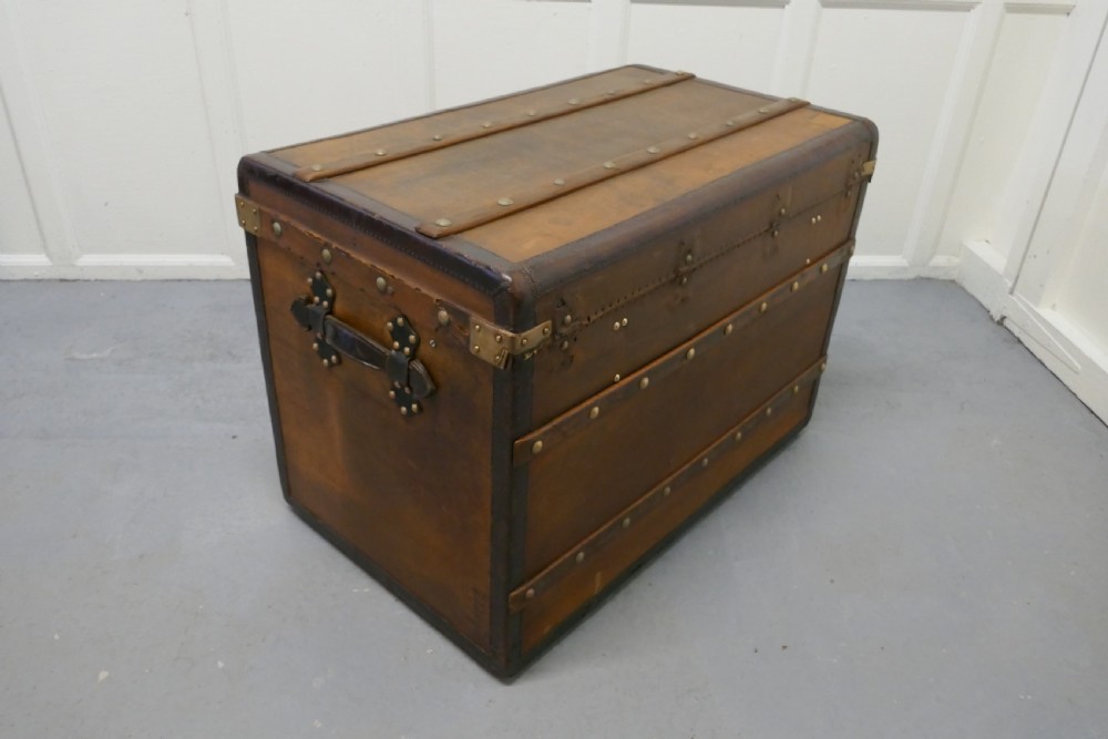 Large Tan Canvas, Wood, Leather and Brass Bound Steamer Trunk,  View VIII