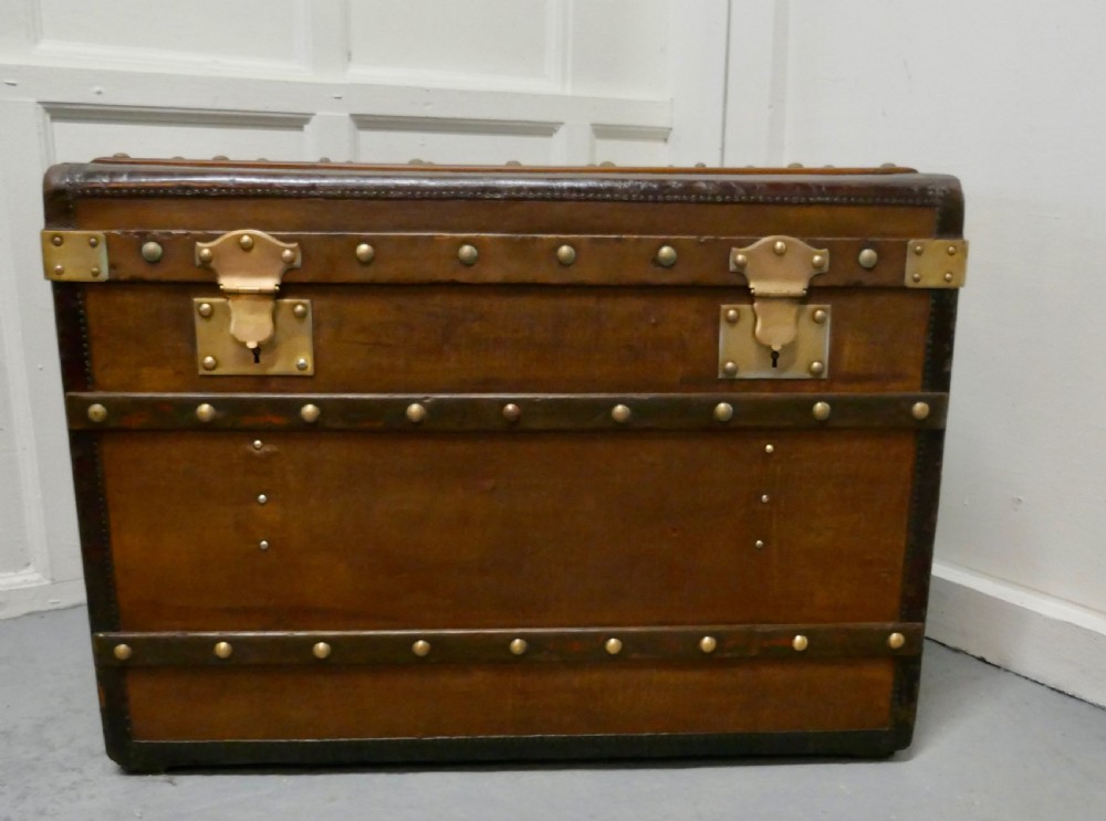 Large Tan Canvas, Wood, Leather and Brass Bound Steamer Trunk,  View IX