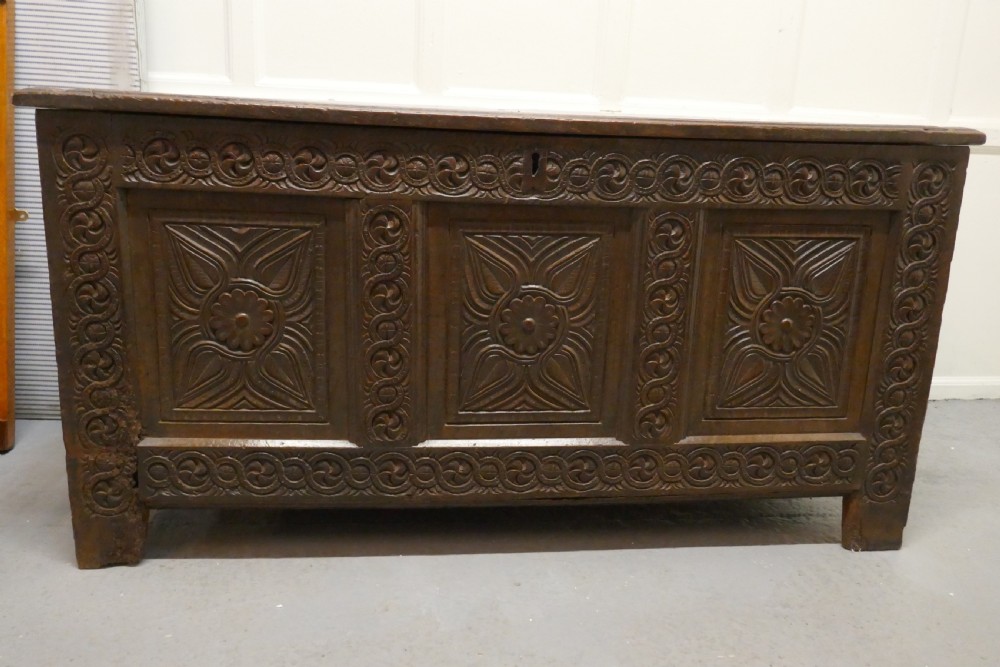 A Large 18th Century  Carved Oak Coffer