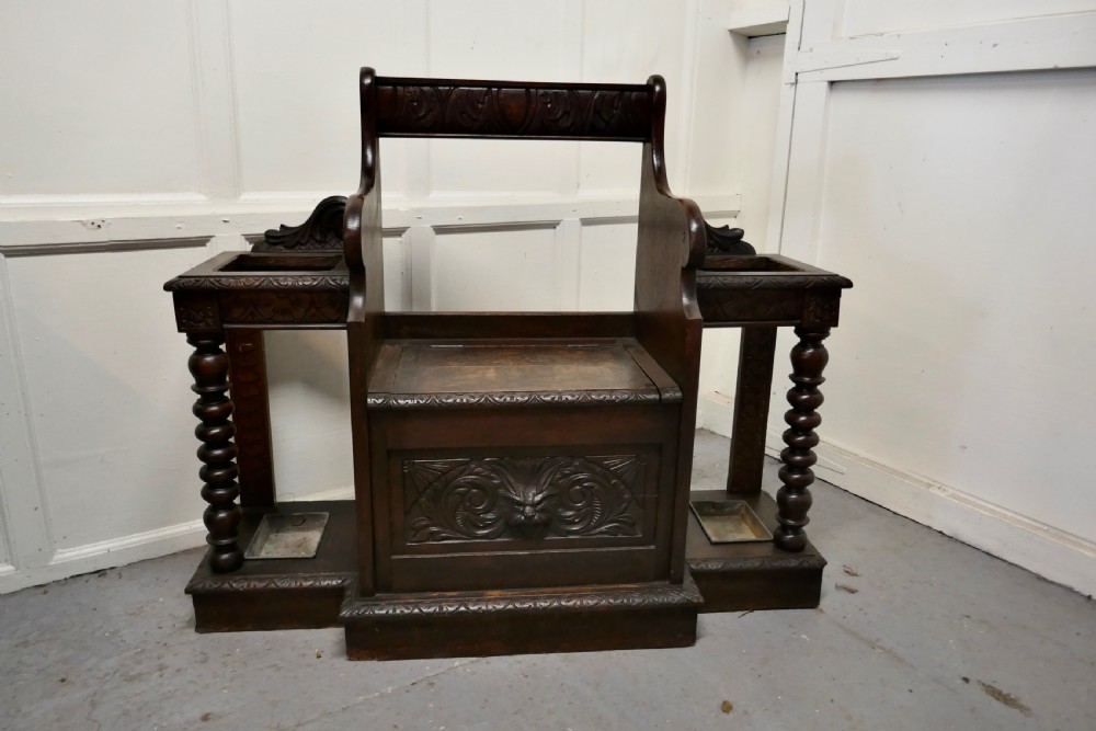 Carved Oak Green Man Hall Settle, with Stick  Stands