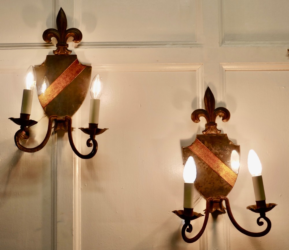 A Pair of Wrought Iron Heraldic Shield Shaped Girandole Wall Mirrors View II