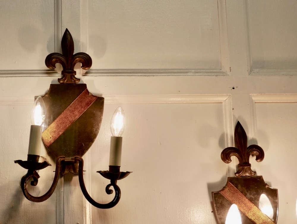 A Pair of Wrought Iron Heraldic Shield Shaped Girandole Wall Mirrors View III