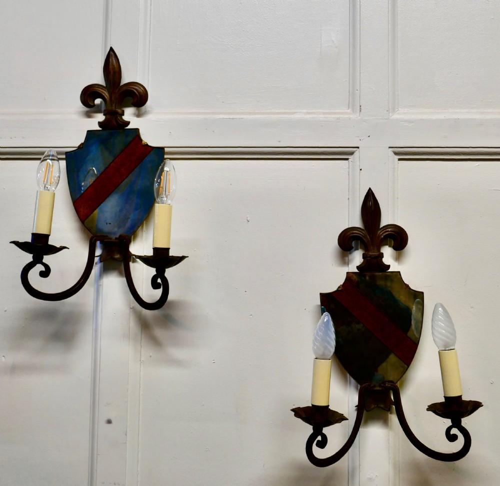 A Pair of Wrought Iron Heraldic Shield Shaped Girandole Wall Mirrors View VII