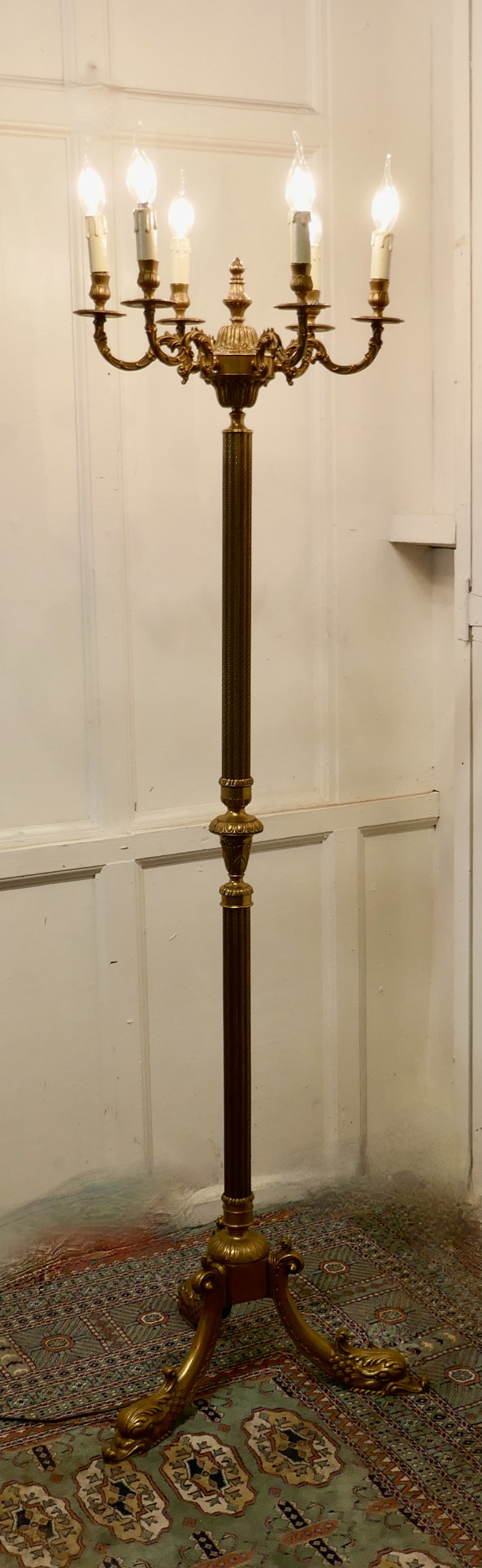 Rococo Gilt Brass Candelabra 6 Branch Floor Lamp, Standard Lamp