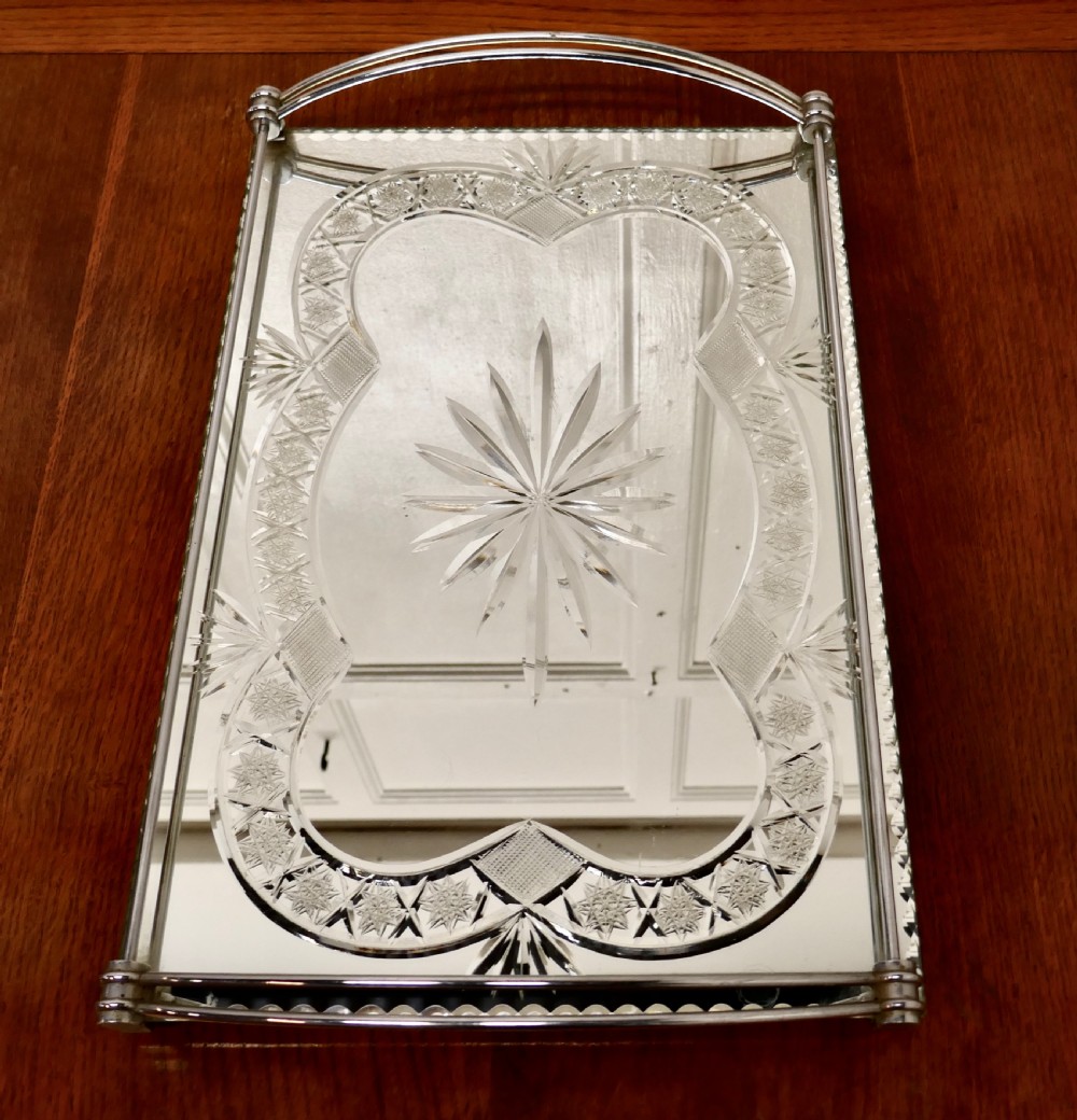 Art Deco Silver Plated Cut Glass Mirror Tray  View III