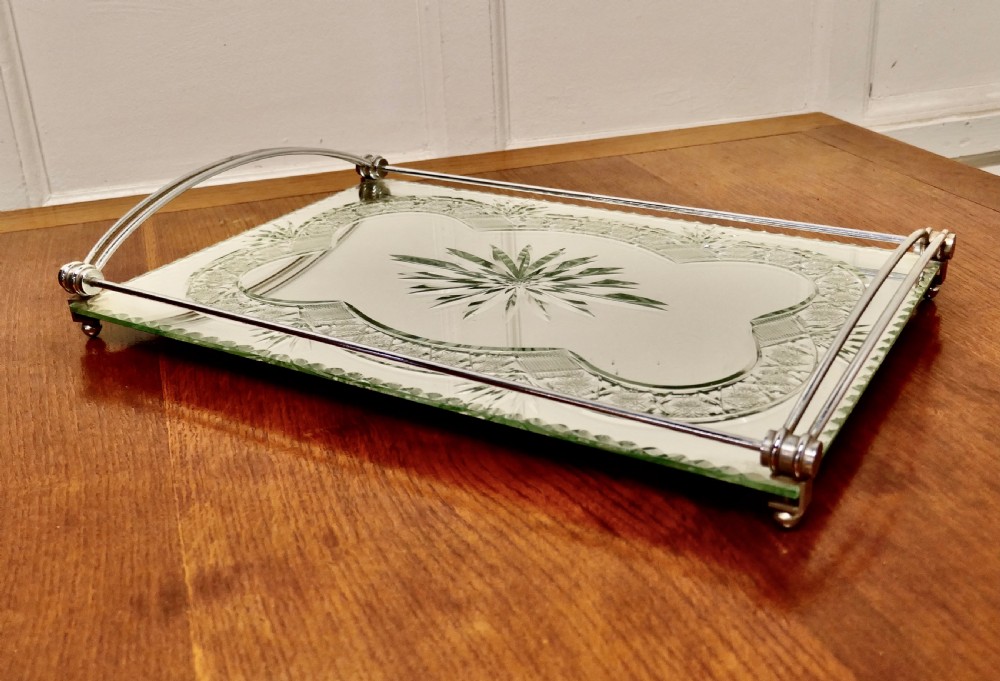 Art Deco Silver Plated Cut Glass Mirror Tray  View V