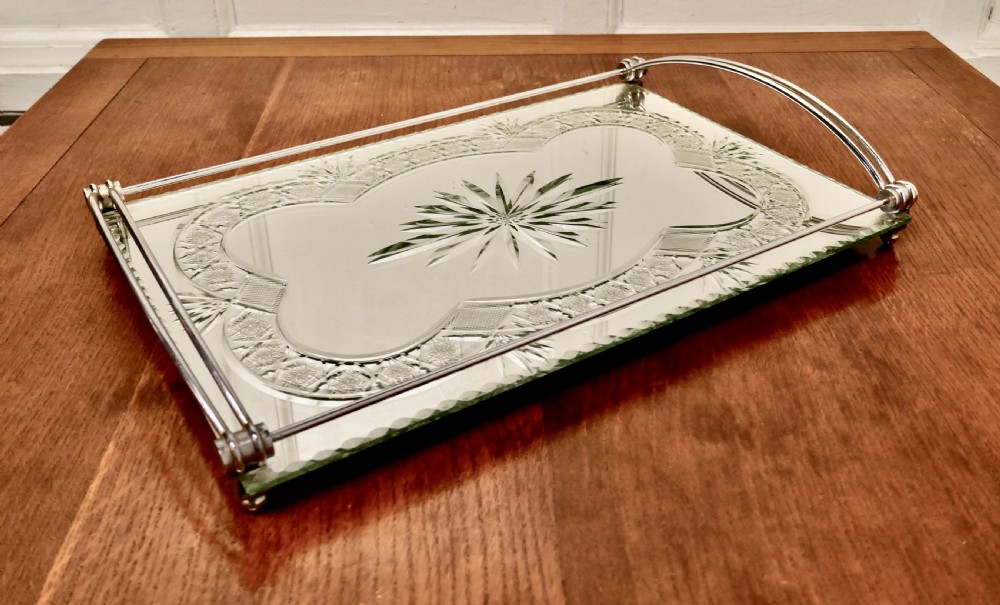 Art Deco Silver Plated Cut Glass Mirror Tray  View VI