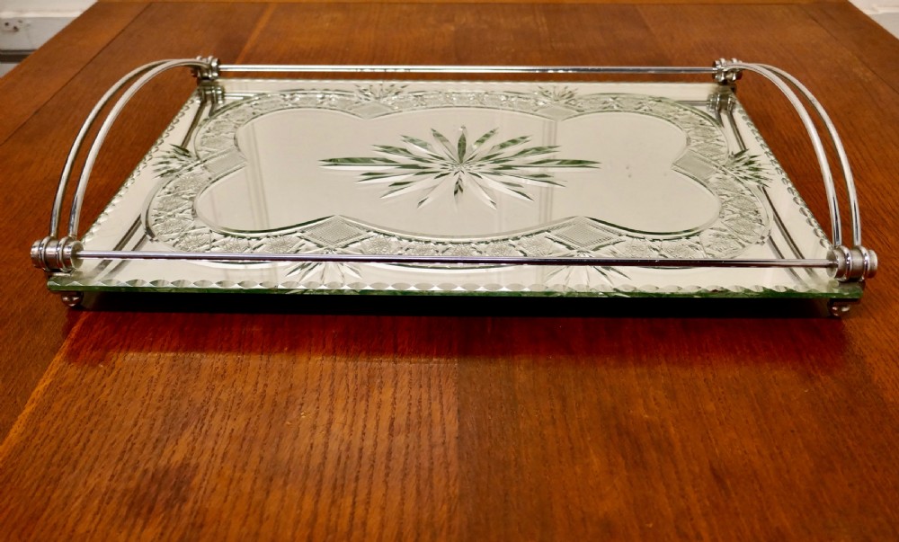 Art Deco Silver Plated Cut Glass Mirror Tray  View VII