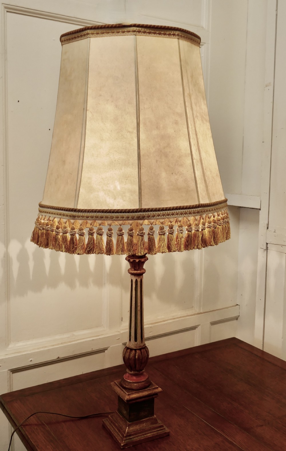 1920s Corinthian Column Painted Lamp, Vellum Shade