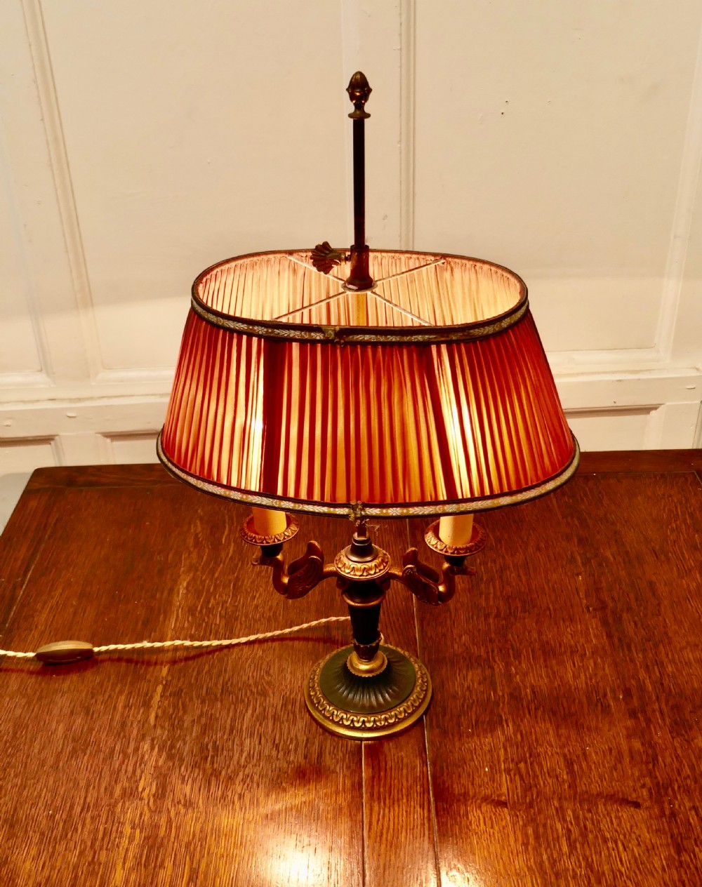 French Empire Style Brass Desk Lamp with Rose Pink Shade View V